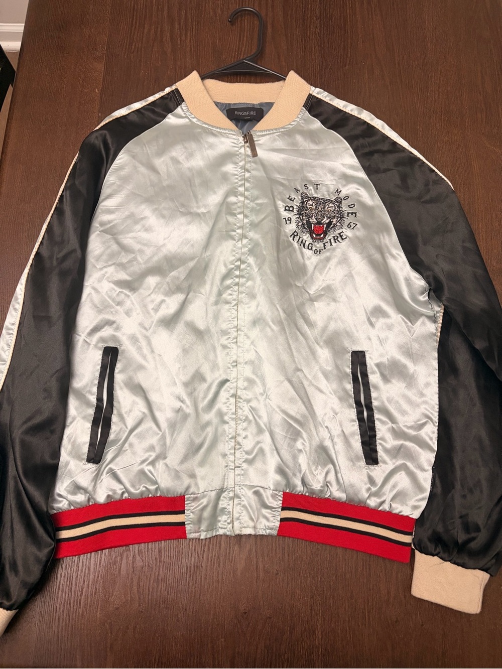 Vintage Reflective Ring of Fire Satin Bomber Jacket in Pale Green, Black and Red